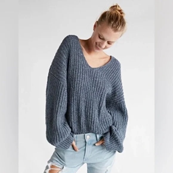 Express Dusty Blue Chenille Oversized V Neck Sweater - Picture 1 of 7